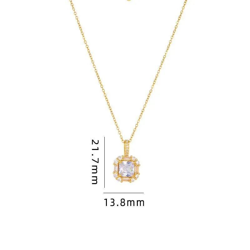 Women's titanium steel geometric necklace with quadrilateral gem-inlaid pendant on water wave chain