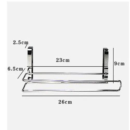 Silver stainless steel paper towel rack mounted on kitchen cabinet door back