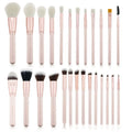 26 pink makeup brushes with wool bristles and wooden handles in PU storage bag