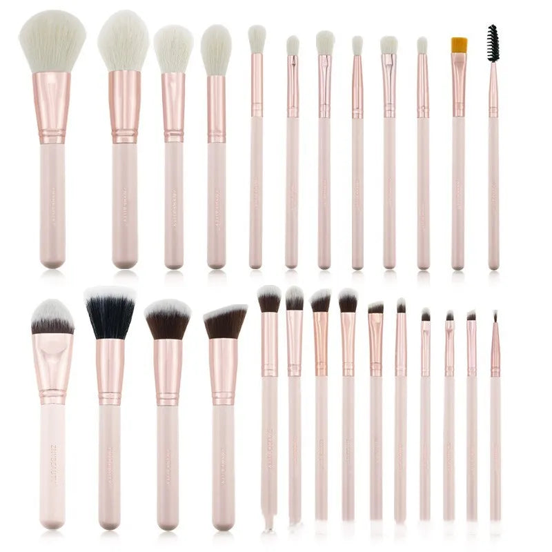 26 pink makeup brushes with wool bristles and wooden handles in PU storage bag
