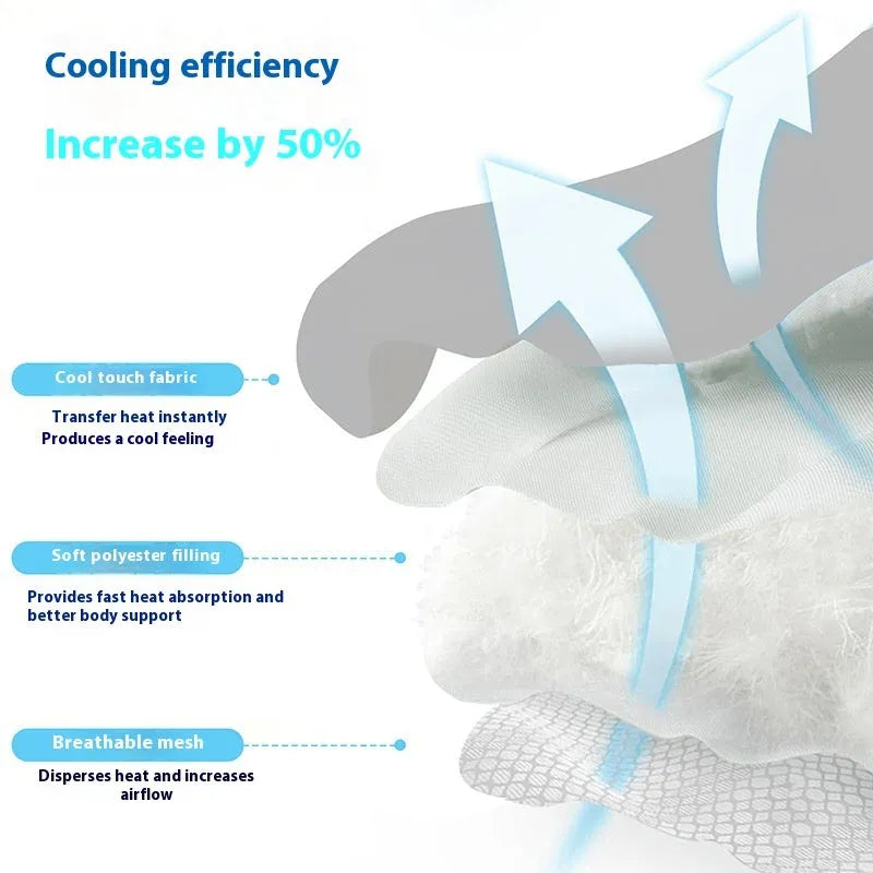 Dog head-shaped ice silk pet cooling mat on floor with non-slip base