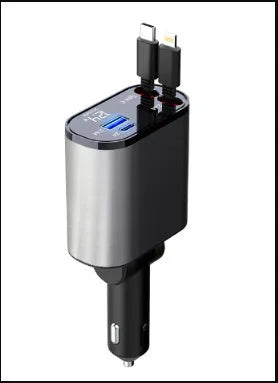 100W metal car charger with retractable cable and adjustable head for fast mobile charging in a car