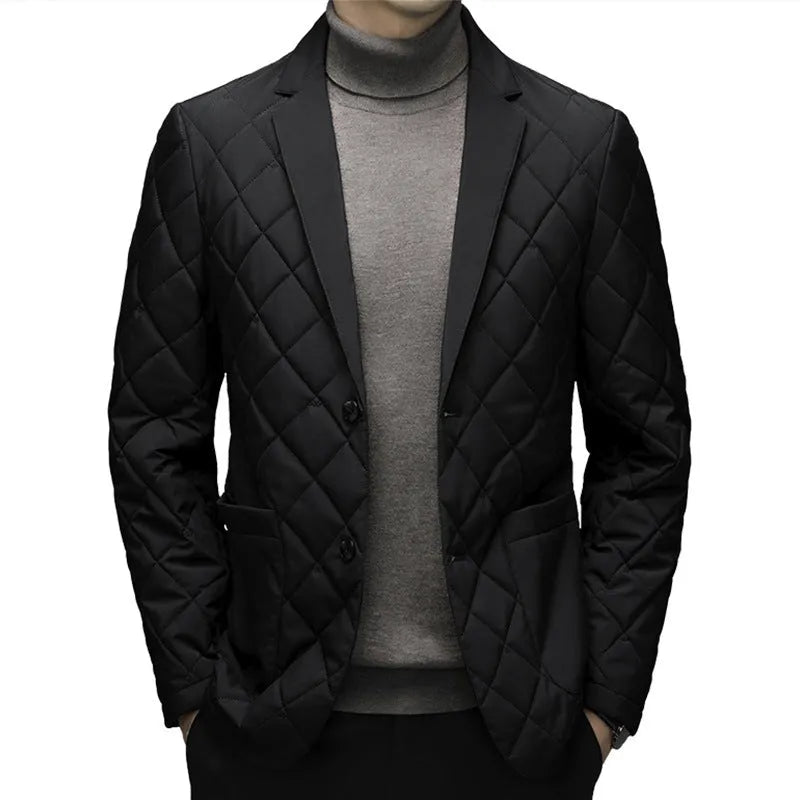 Men's thick lapel-style down jacket in a solid colour with side seam pockets.
