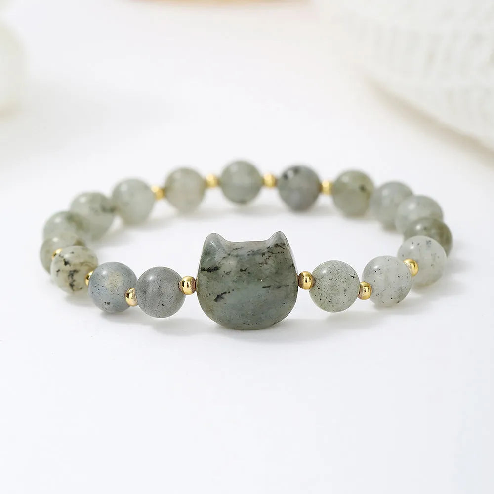 Natural stone cat head charm bracelet in Gray Moonlight colour – hand-strung stone beads on cord