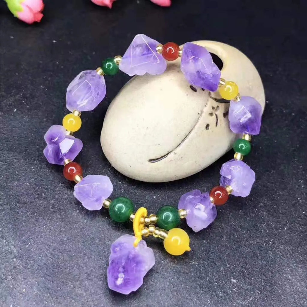 Natural shaped amethyst bracelet with fu character charm for women's jewellery