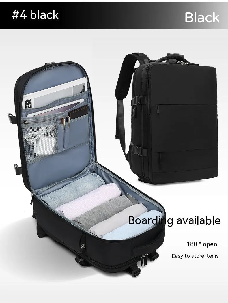 Large black nylon mummy-style travel backpack with a waterproof lining.