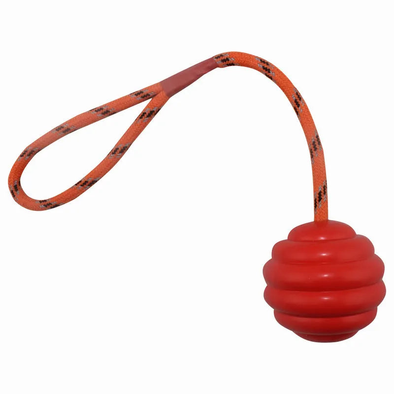 Rubber chew ball pet toy with rope knot design measuring 6x30cm in multiple colours