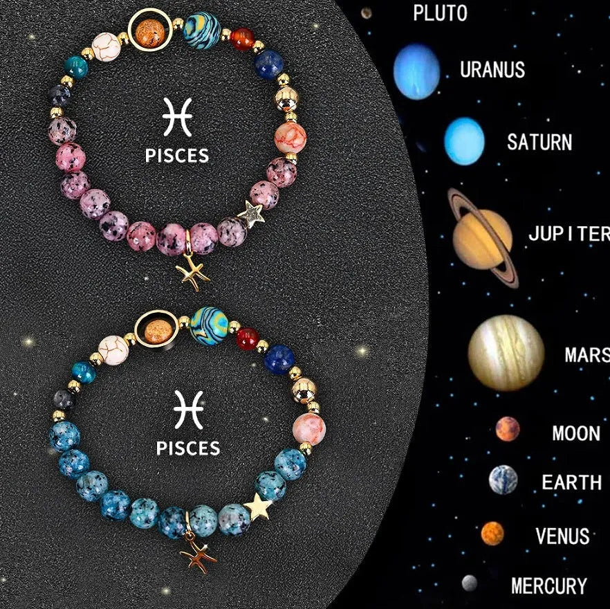 Two natural stone beaded zodiac bracelets laid side by side, showing different stone textures and colours.