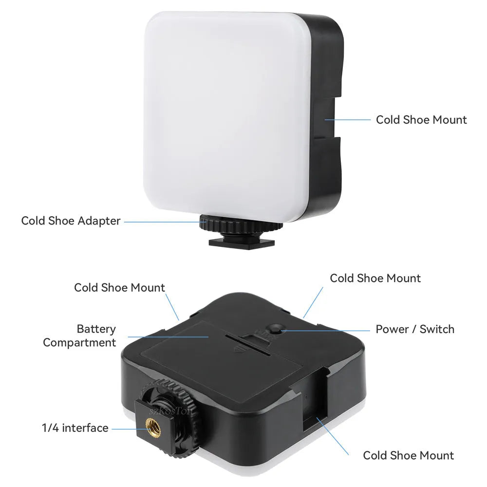 LED mini square outdoor pocket light tripod with top flash measuring 7.3cm by 2.8cm by 8.4cm