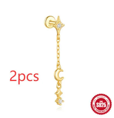 S925 sterling silver moon and star earrings with embedded diamond detailing in gold colour