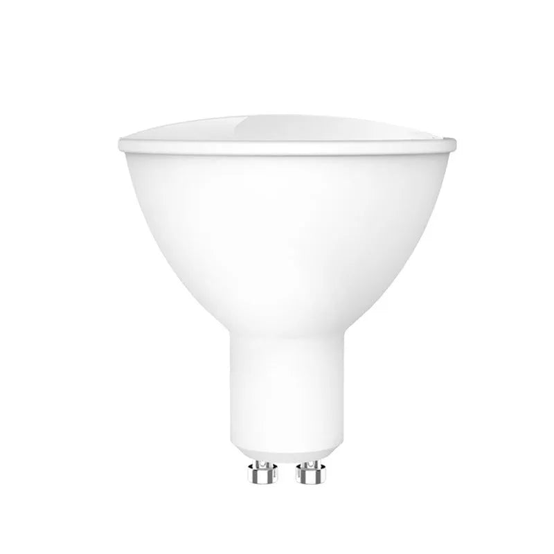 GU10 format smart wifi LED spotlight bulb with RGBCCT colour and voice control.