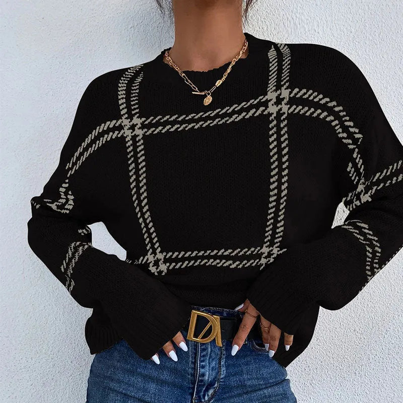 Women's loose fit plaid colour-block acrylic pullover sweater with striped pattern.