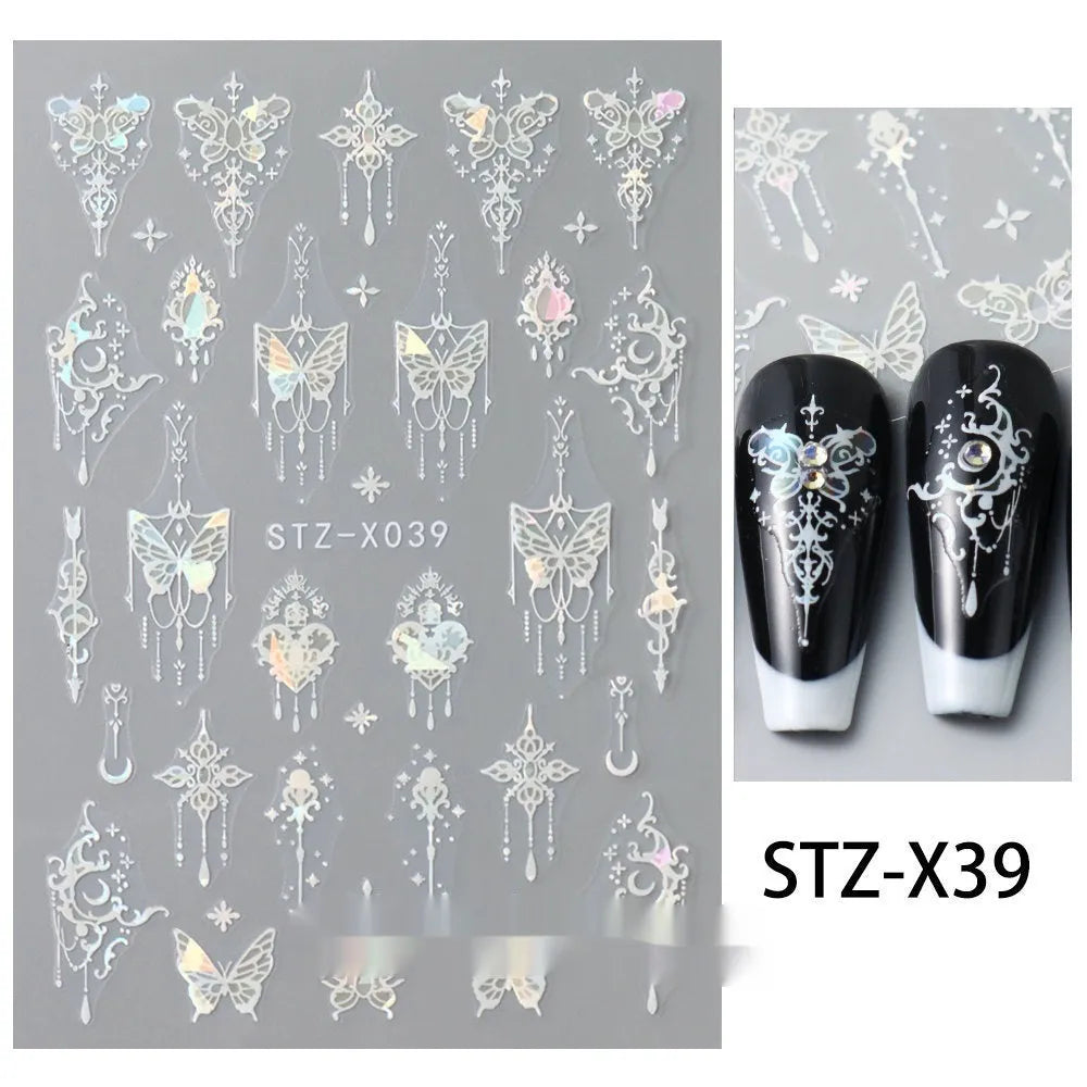 Plastic sheet of black, silver, and cartoon design nail art stickers for DIY manicures.