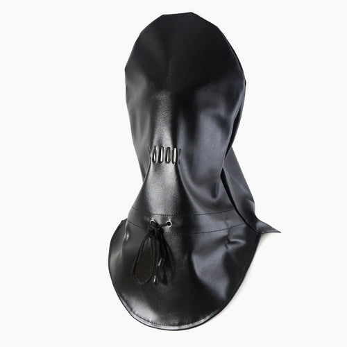 Black PU leather fetish mask with adjustable strap and nose openings