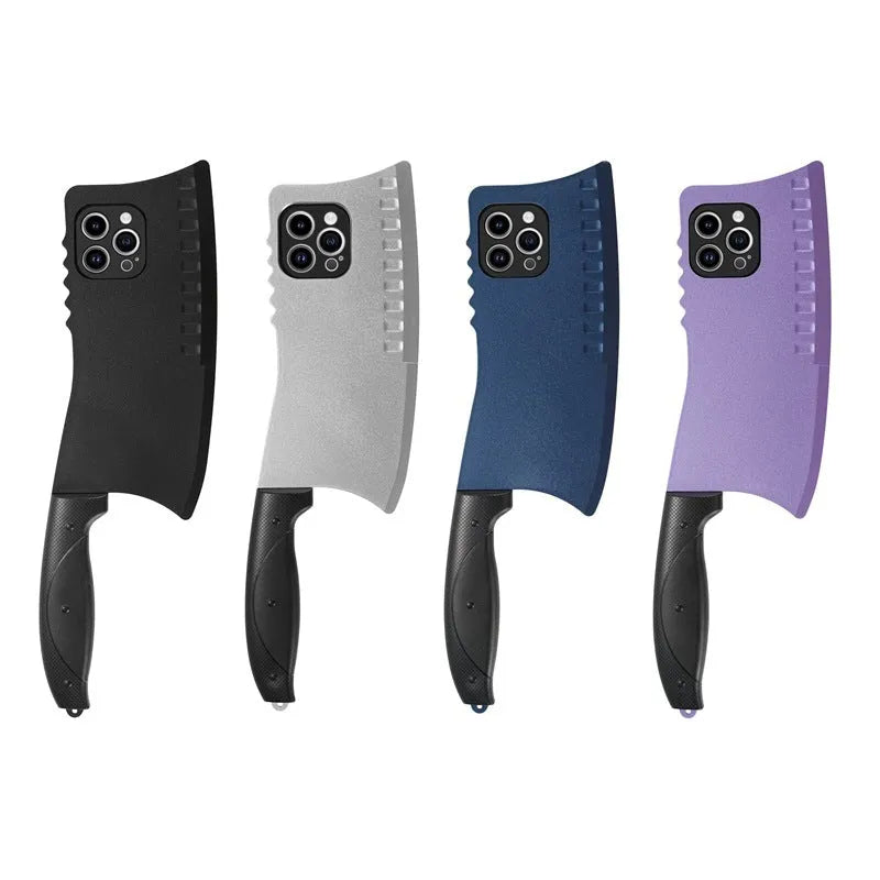 Kitchen knife design TPU PC phone case for iPhone 15 in black showing rear camera cutout