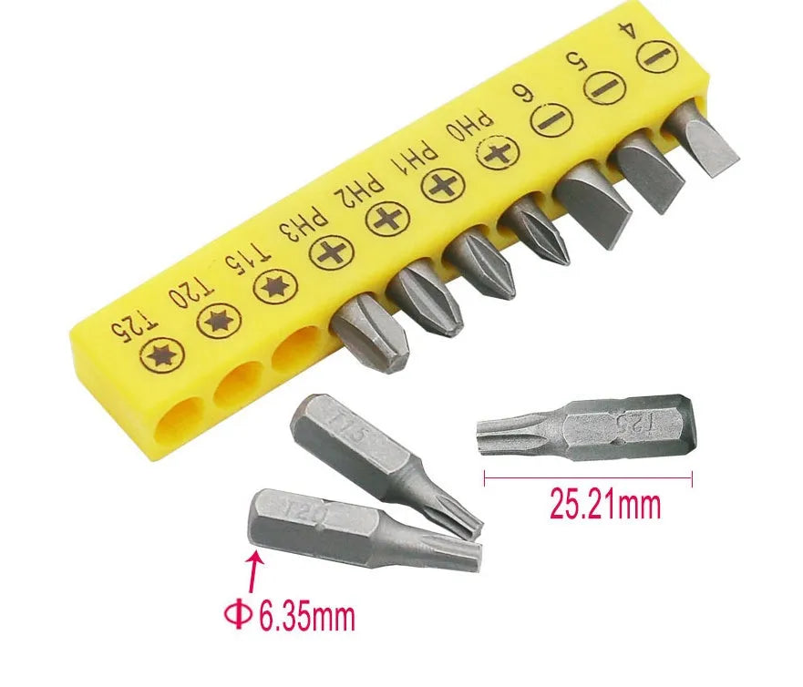 L-shaped socket wrench handle with ten different screwdriver bits arranged alongside