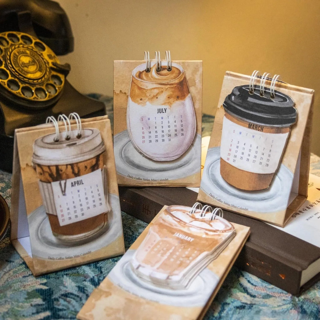 Mini 2025 desk calendar showing Coffee Time design with simple modern style
