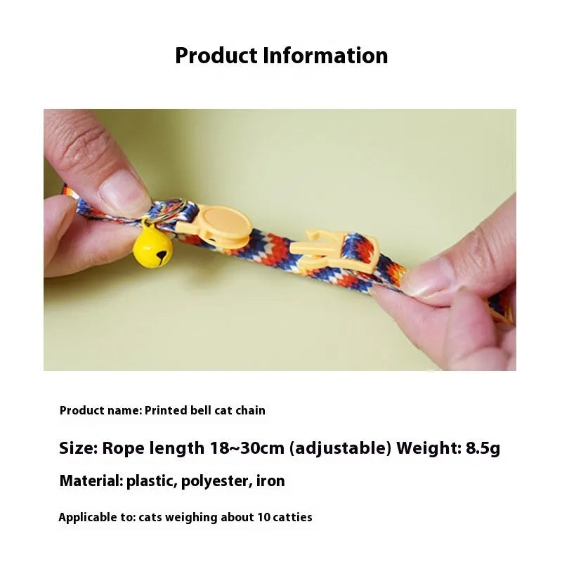 Woven polyester cat collar with anti-suffocation safety buckle and bell in green jungle colour grid pattern