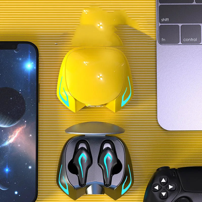 Colourful wireless gaming Bluetooth earbuds in black, grey, or yellow.