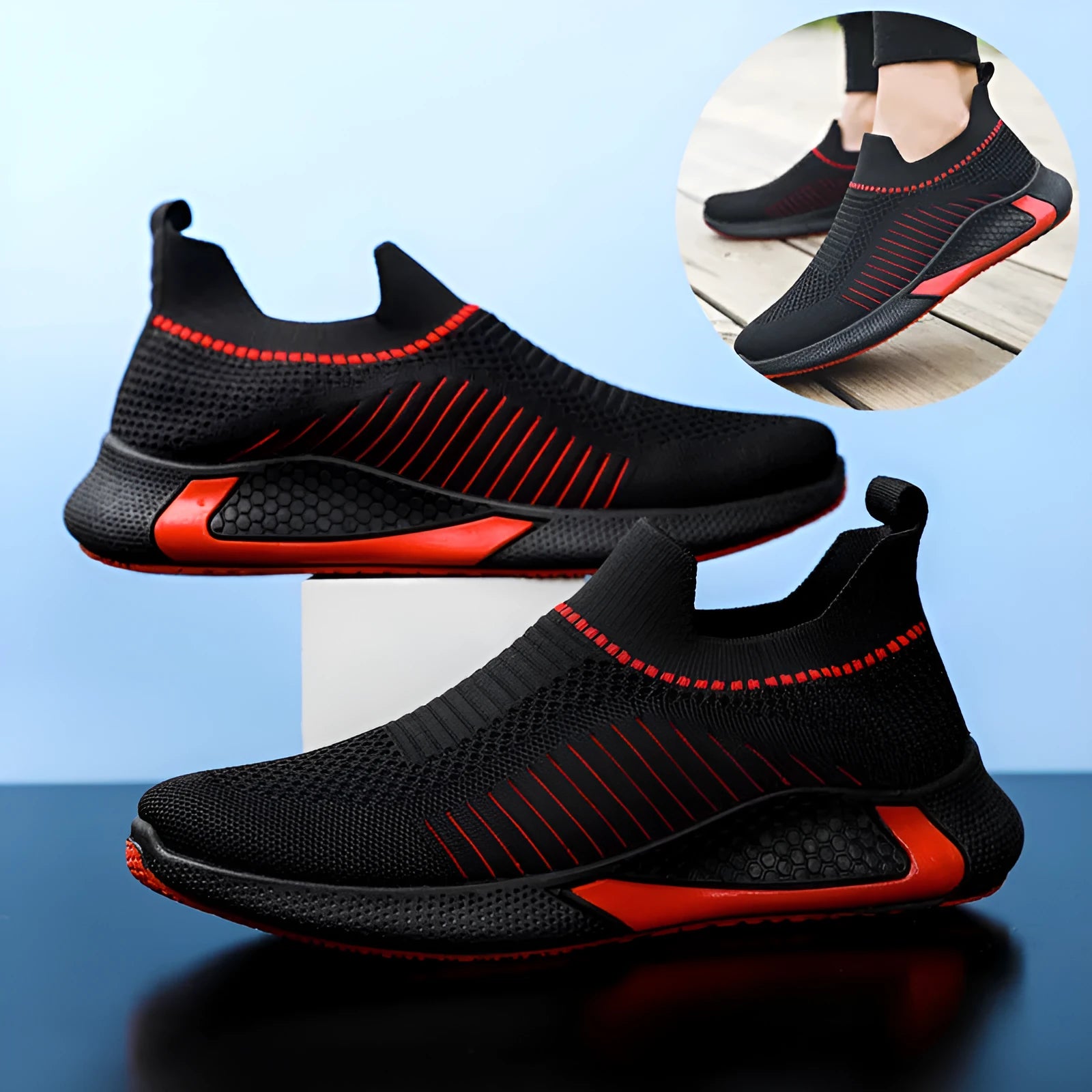 Men's black and white mesh sock sneakers with a striped design and lace-up front.