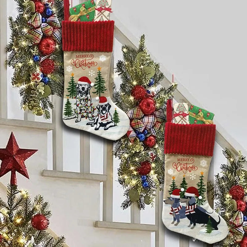 Pet Christmas tree hanging sock with fireplace design in cloth material measuring 46cm by 28cm