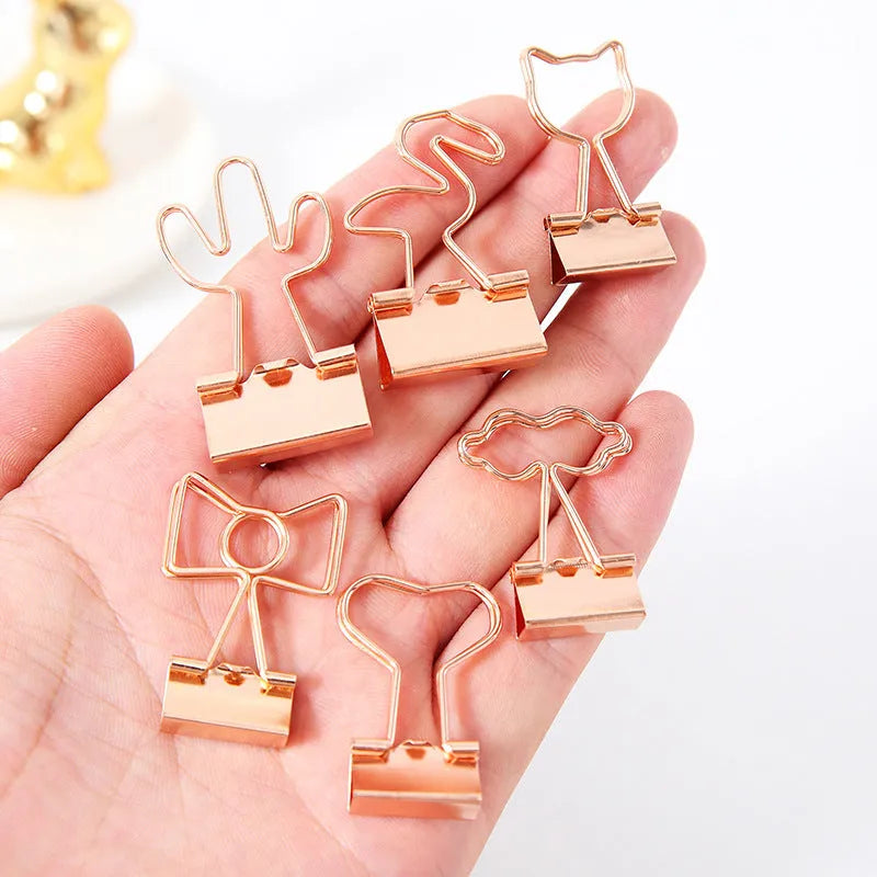 Gold decorative metal paper clips in flamingo, love heart, cloud, cat, cactus and bow shapes