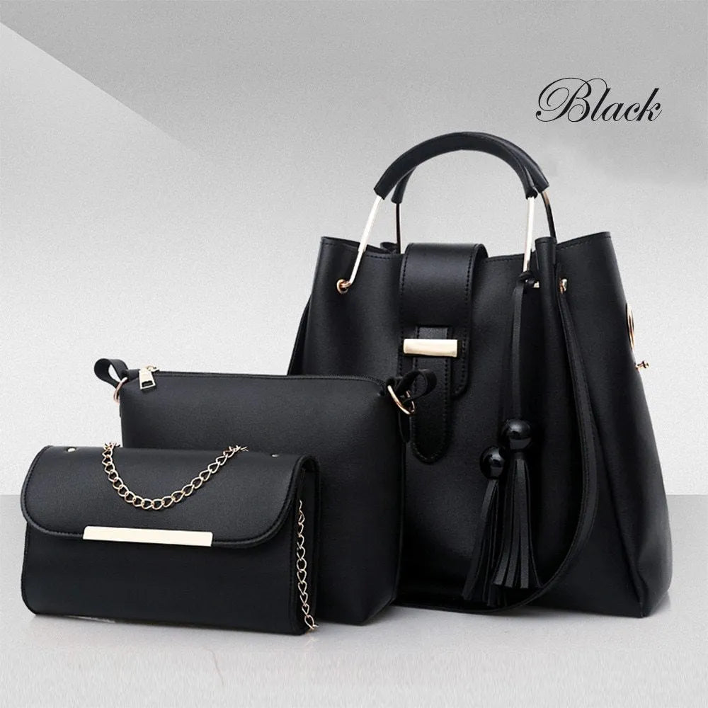 Women's 3 piece PU leather handbag set with shoulder bag, crossbody bag, and tote with tassel and metal handle