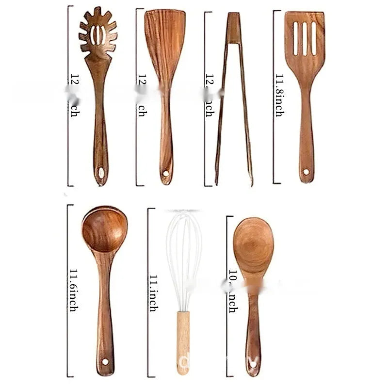 Boxed set of seven wooden kitchen utensils including cooking spoons, a spatula, and soup spoons.
