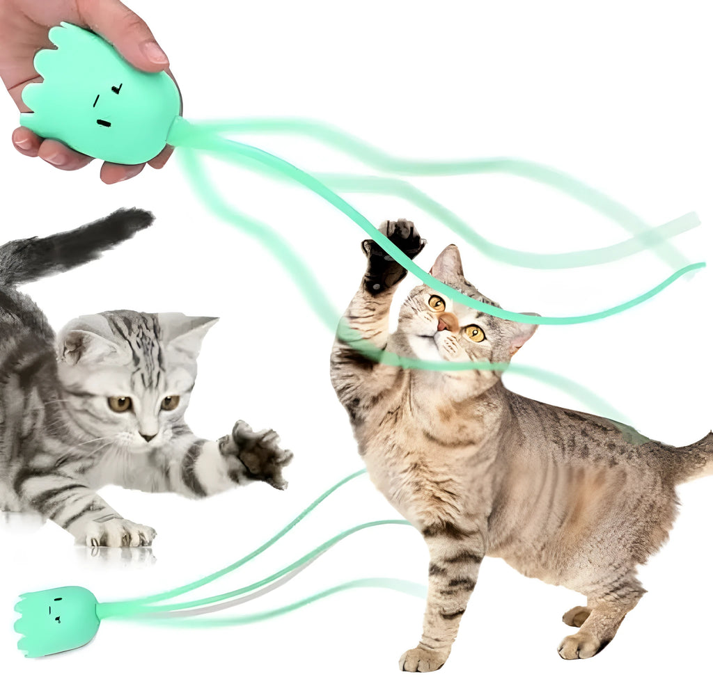 Green electronic cat wand toy with swinging silicone tails for indoor cat entertainment