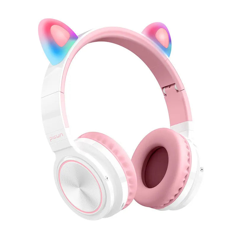 Pink white Bluetooth wireless over-ear headphones with braided cable and built-in microphone