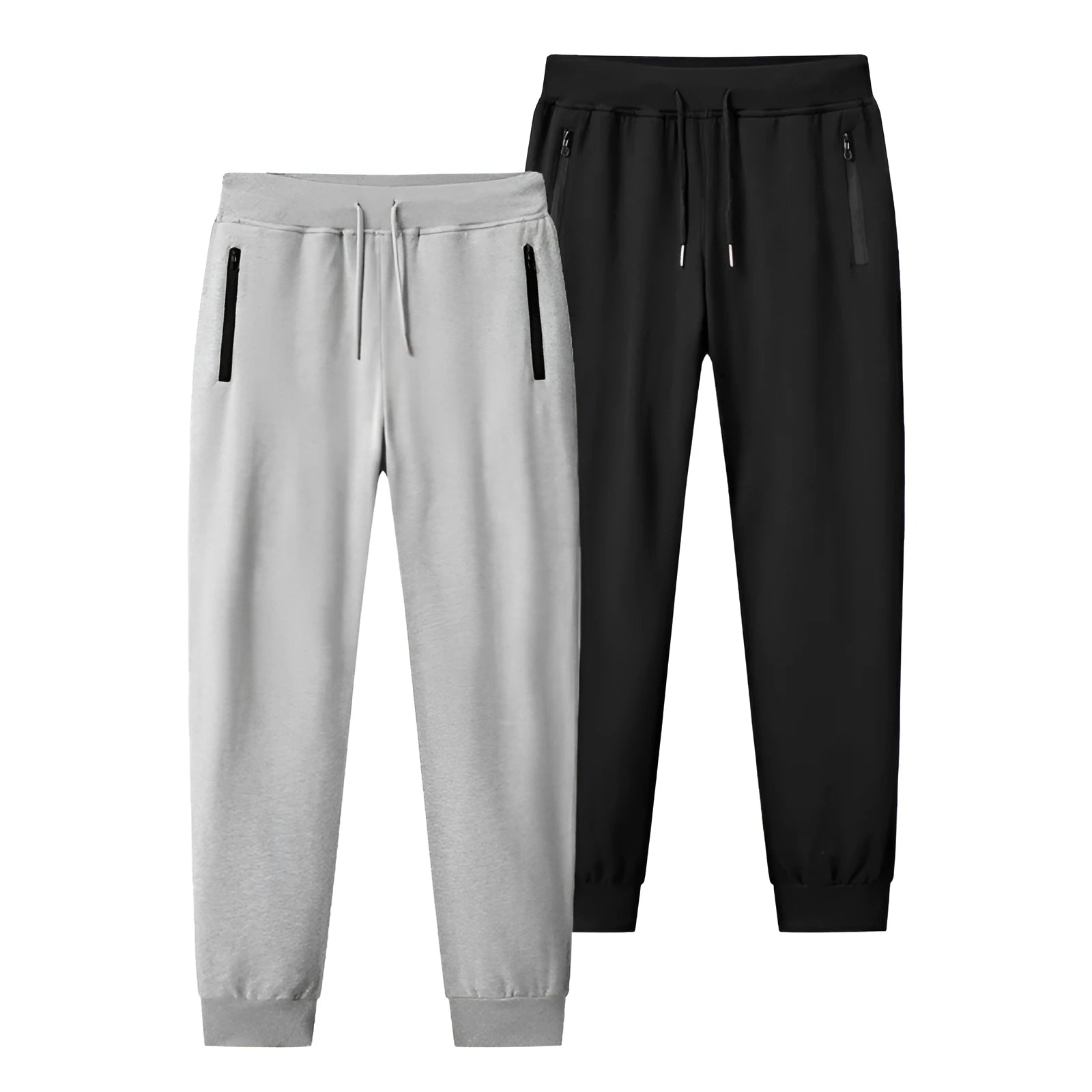 Men's thin leisure tapered knitted pants in black with ankle tie, standing on a neutral background