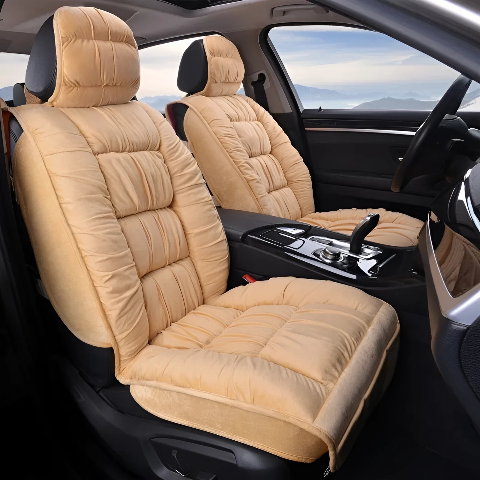 Short plush winter car seat cushion available in multiple colours including black, beige, grey, brown, and purple.