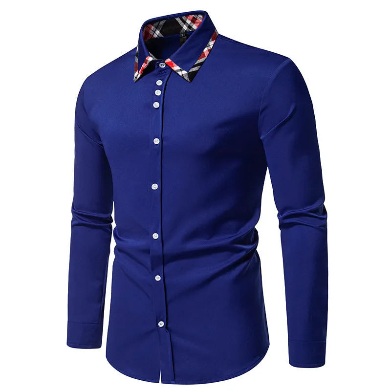 Men's plaid long sleeve shirt with a triangle collar in blue, black, or white.