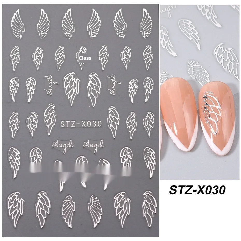 Plastic sheet of black, silver, and cartoon design nail art stickers for DIY manicures.