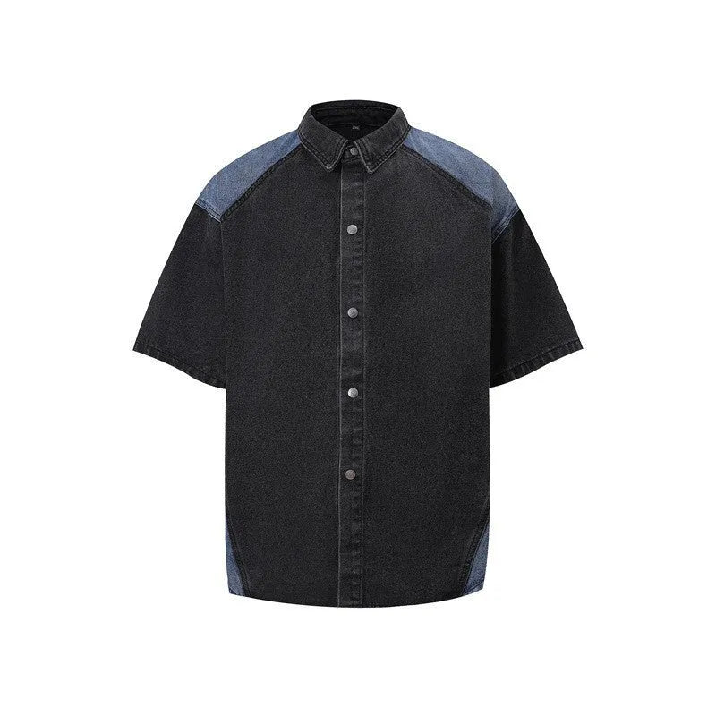 Retro washed blue denim short-sleeve jacket and matching trousers suit laid flat.
