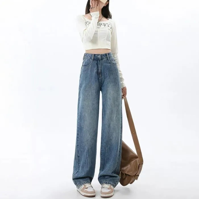 Women's retro blue wide leg jeans with high waist design and straight cut on model