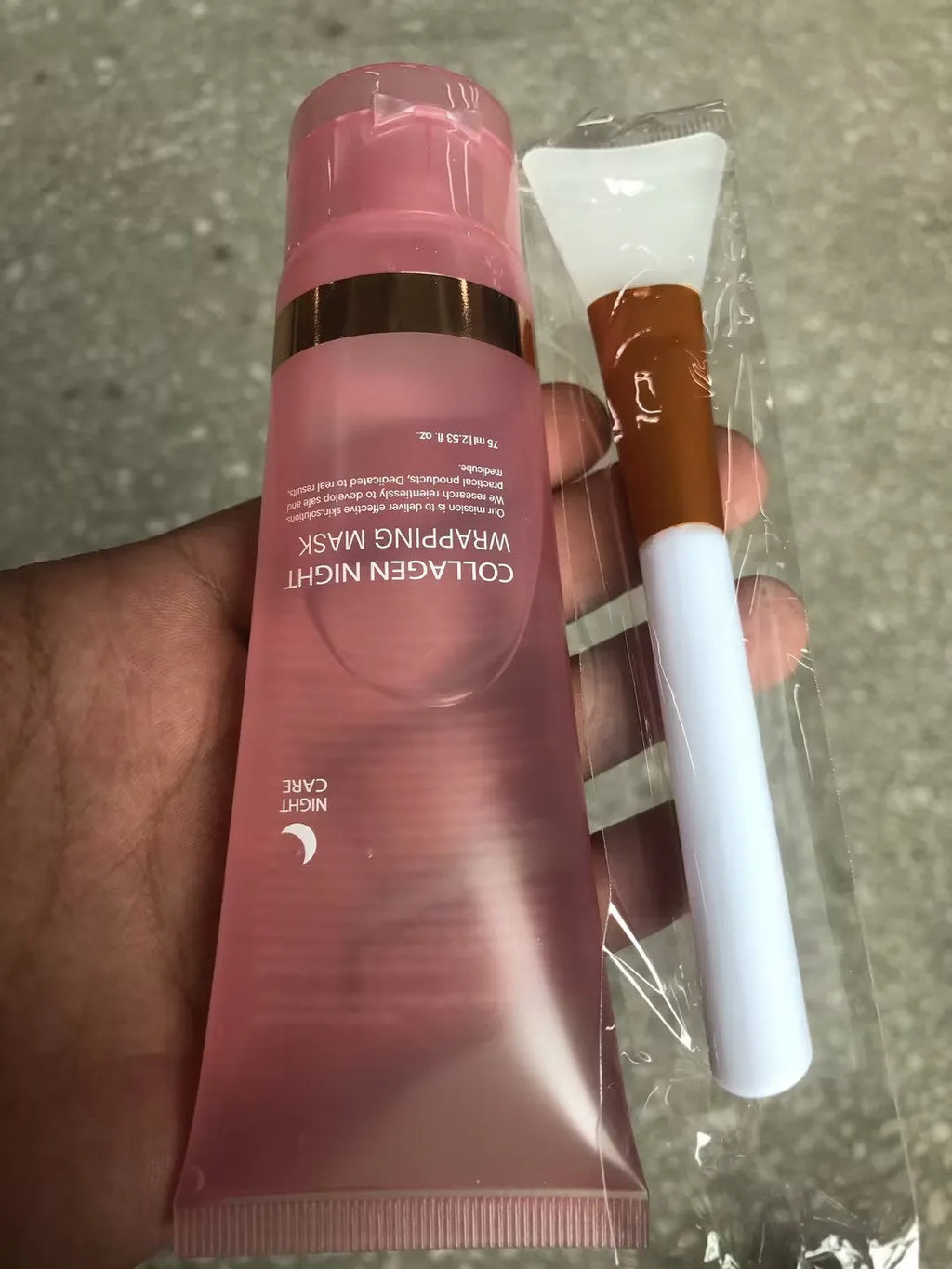 75ml bottle of collagen night sleep mask with application brush for firming and hydrating skin