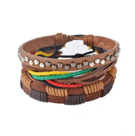 Adjustable leather punk wrap bracelet with wooden beads and multilayer design