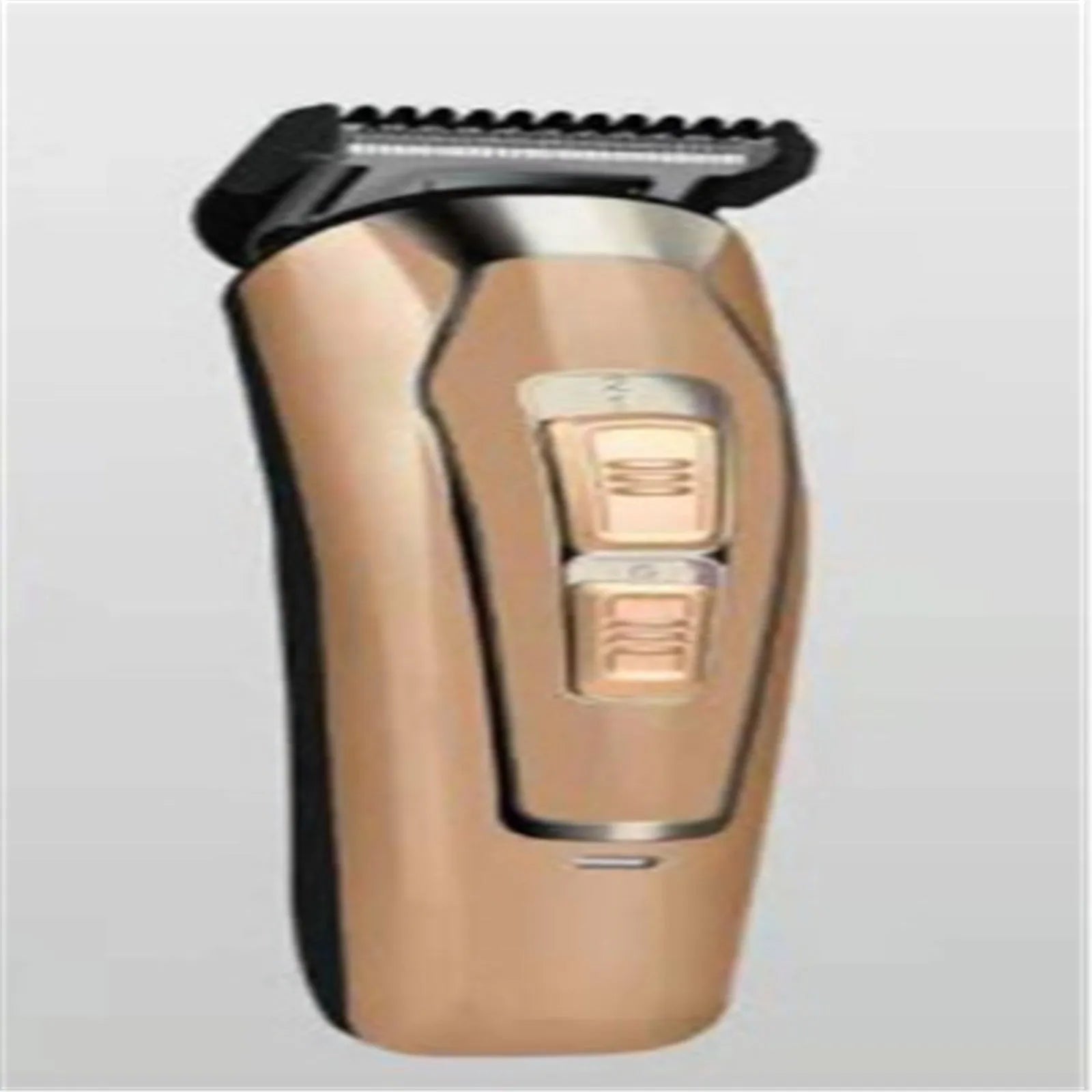 Dark blue and coffee coloured rechargeable electric hair clipper with USB charging cable.