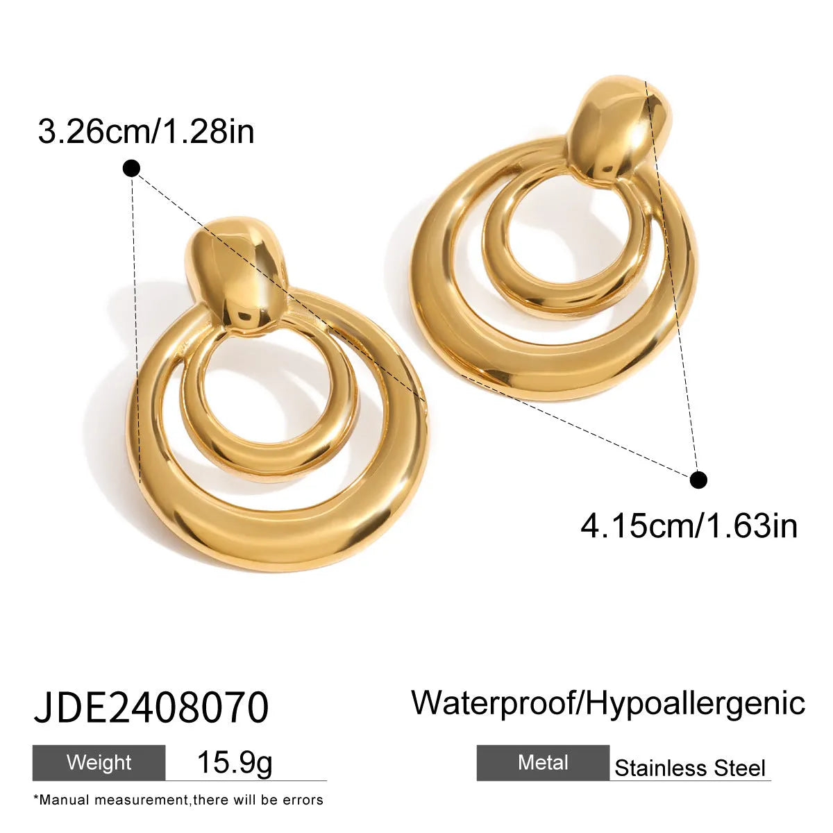 Golden round titanium steel hollow stud earrings with double layer construction and hypoallergenic properties