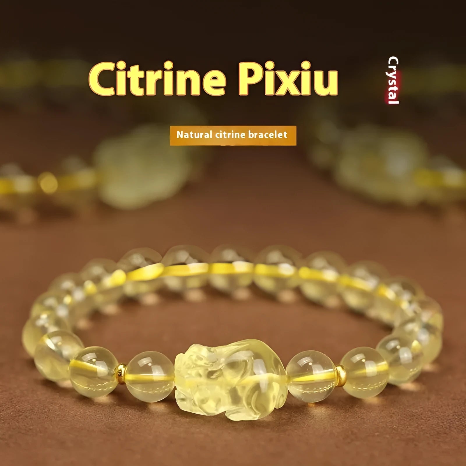Yellow Chinese pi xiu bracelet with artificial crystal beads on leather cord