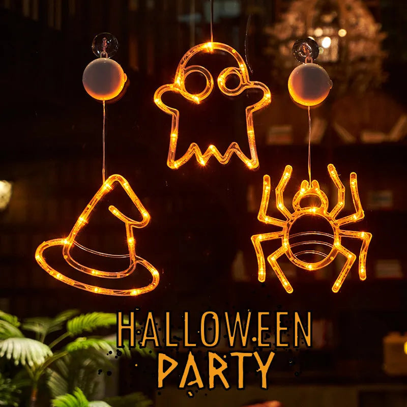 Halloween LED window hanging lights showing 7 horror characters including spider, pumpkin and ghost designs