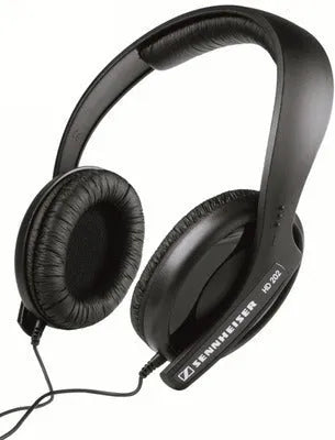 Black over-ear headphones with a headband, large ear cups, a long cable, and a 3.5mm plug.