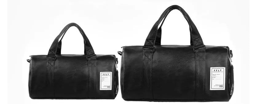 Black waterproof sports bag with side shoe compartments showing diagonal straps and two size options