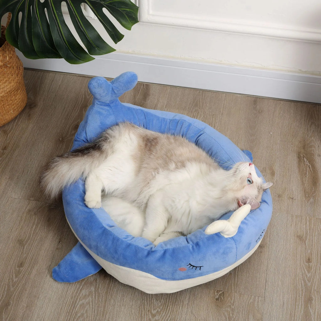 Blue duck-shaped fluffy pet sofa bed for small dogs and cats on a white background.