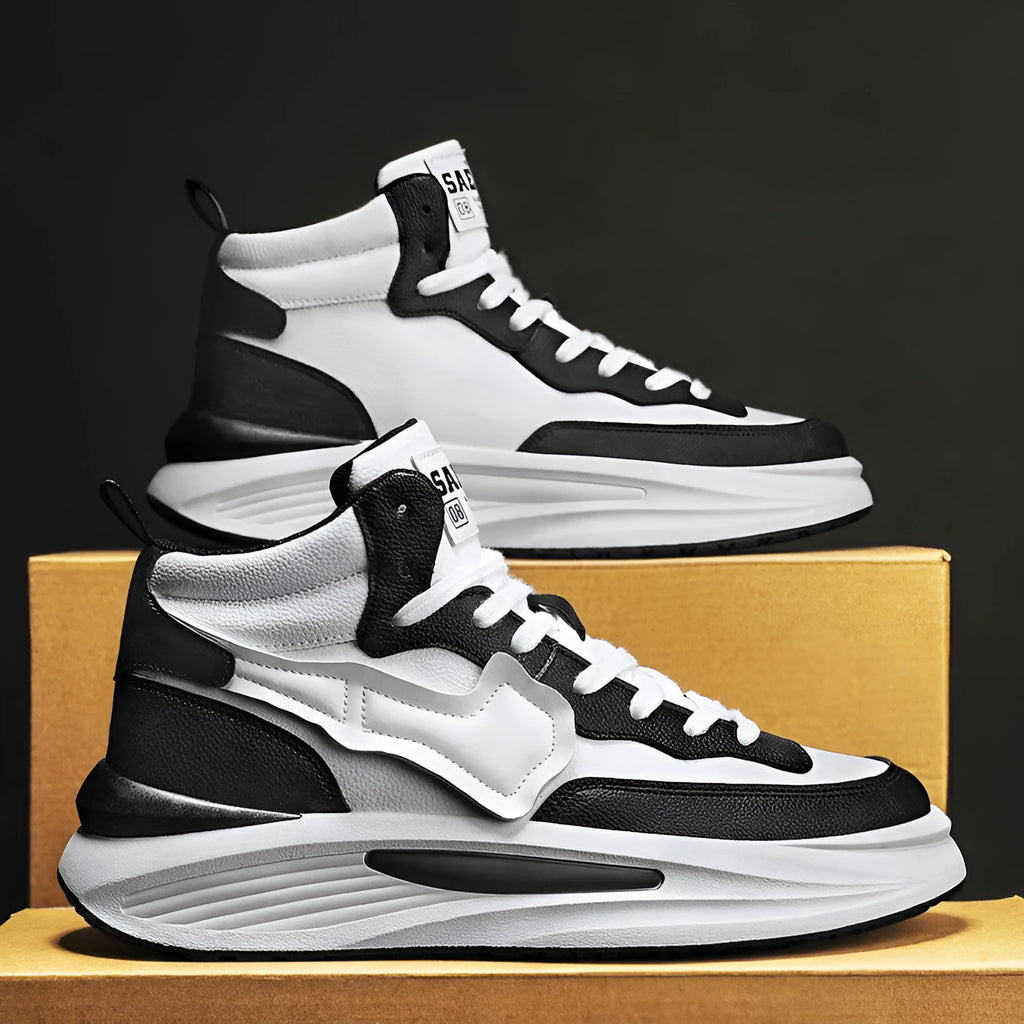 Men's black and white high-top platform board shoes made of artificial PU leather