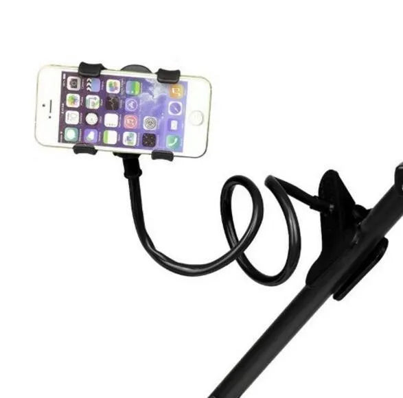 Black flexible arm phone holder with V-clip for smartphones on bed frame