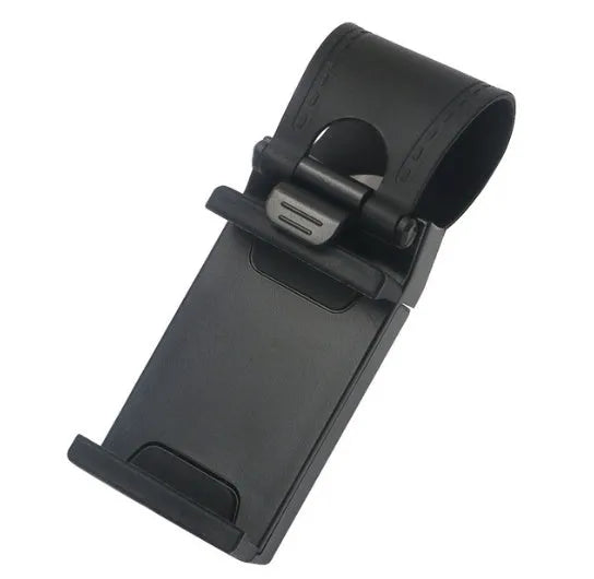 Black car steering wheel clip mount holding smartphone for hands-free driving