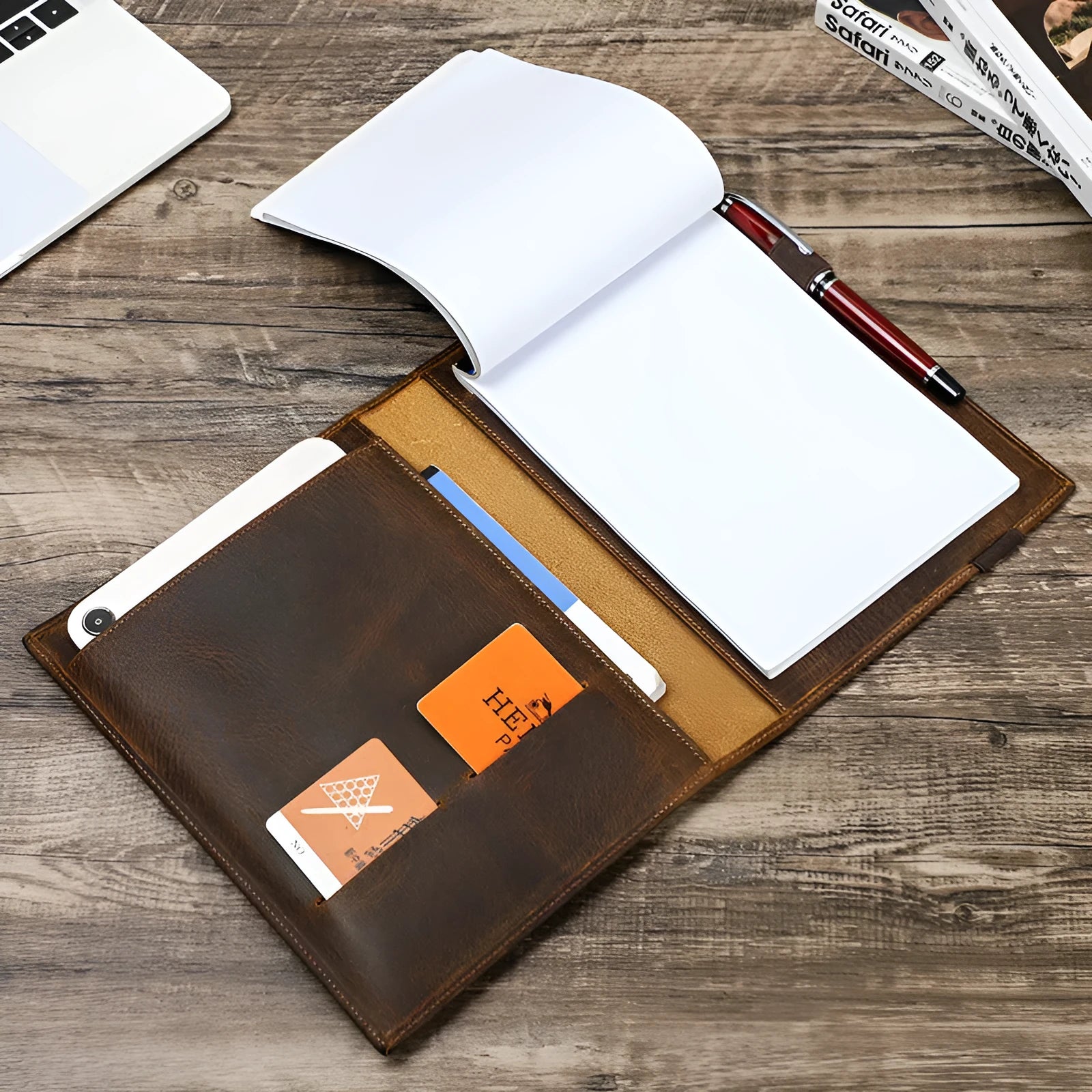 Brown Crazy Horse leather A5 notebook protective sleeve with square design and socket closure