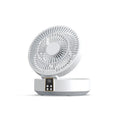 White portable USB rechargeable folding ceiling fan with remote control on desk